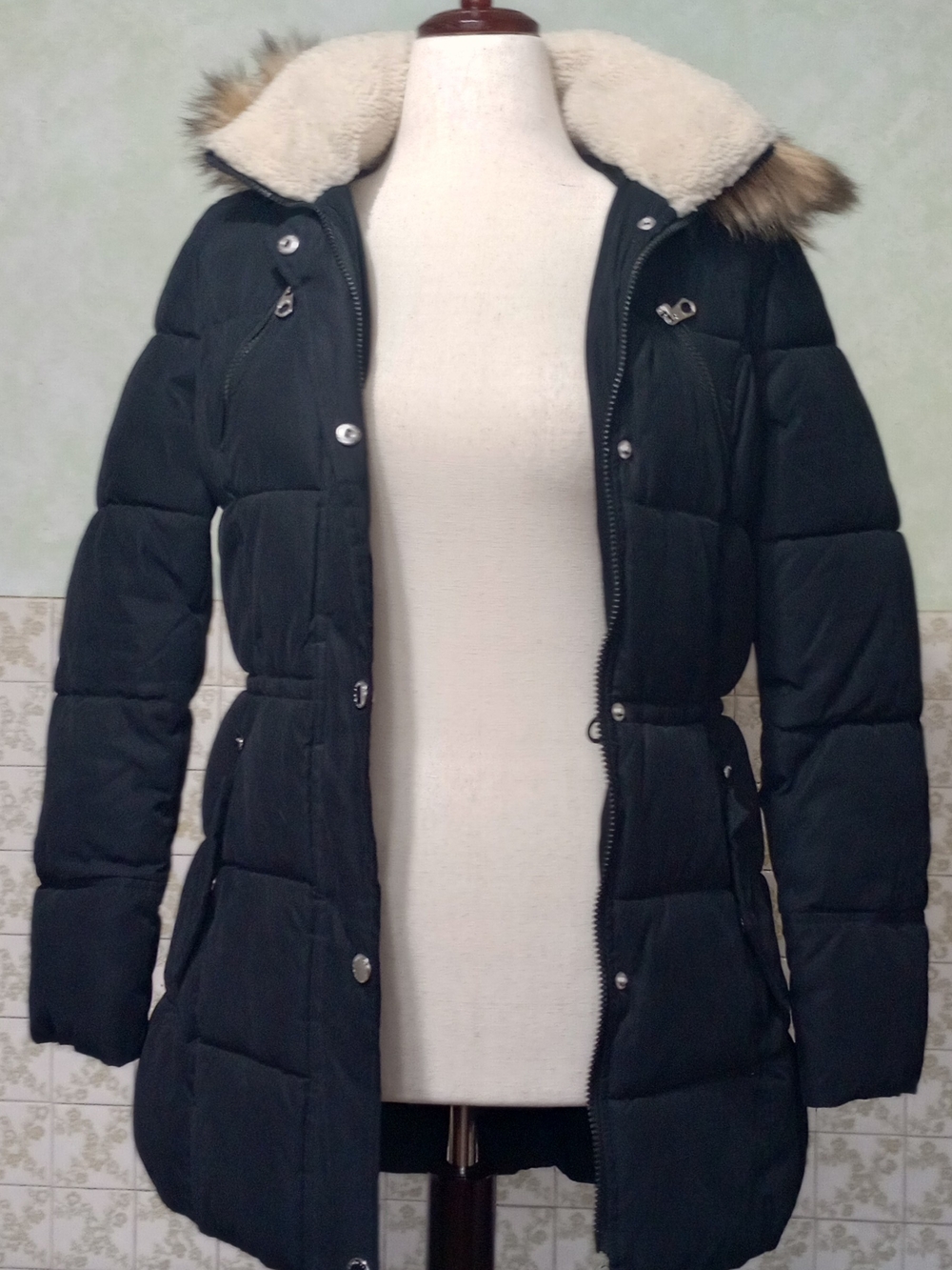 Nautica Black Quilted Puffer Coat with Faux-Fur Trimmed Hood